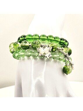 Green Butterfly Bracelet Set, Emerald Beaded Bracelet Stack, Nature Jewelry Gift